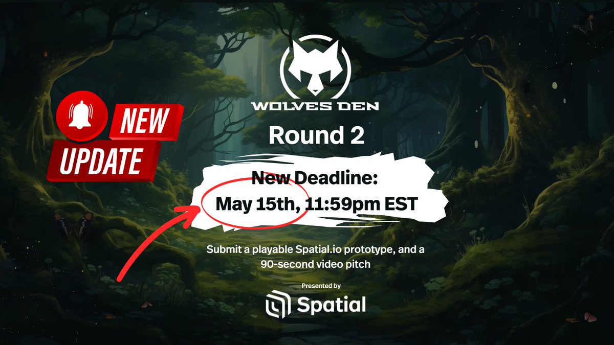 🚨 WOLVES DEN UPDATE! 🚨 Due to some scheduling conflicts the deadline for #WolvesDen Round 2 submissions has been moved up to MAY 15TH. Reminder, for Round 2, developers will need to submit: 👾 A playable game prototype on Spatial 🎥 90 second video pitch Read more on…