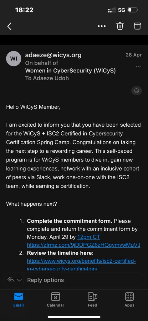 Excited to share that I've been selected for the WiCyS + ISC2 Certified Cybersecurity Certification Summer Camp! 🚀 

Huge thanks to @WiCySorg @lynn_dohm and ISC2  for their collaboration in making this opportunity possible. 

#WiCyS #SeeHerAsEqual ♥️
#WiCyS #ISC2 #Cybersecurity