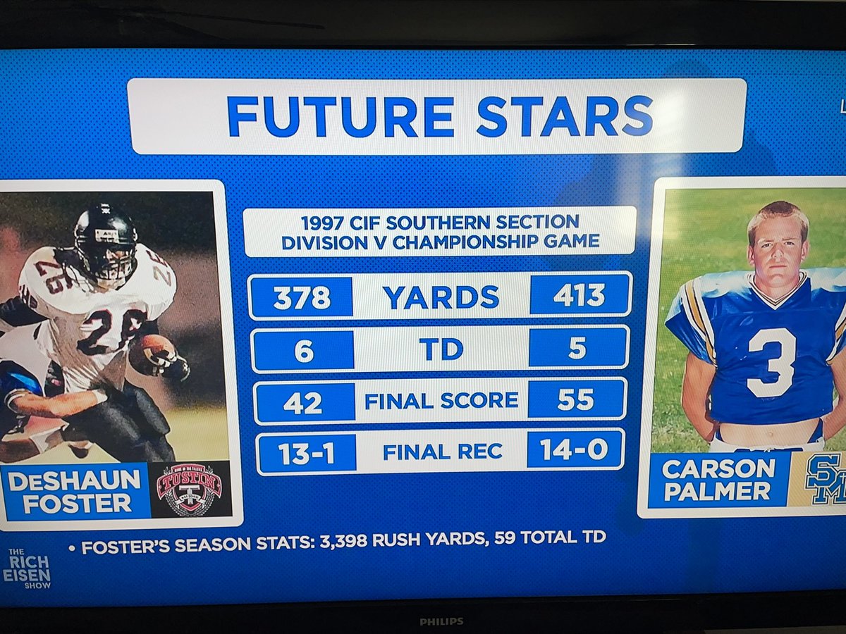 CIFSS Div 5 Championship game between Santa Margarita and Tustin. Deshaun Foster (Tustin) vs. Carson Palmer (Santa Margarita). This graphic from @RichEisenShow … @latsondheimer @SteveFryer @ocvarsityguy