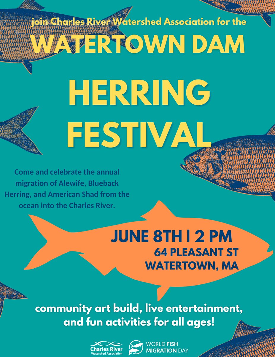 Celebrate the herring run with us! 🥳 On Saturday, June 8th at 2pm, we'll host the 2024 Watertown Dam Herring Festival, with live music, community art activities, an Indigenous performance, a raffle, and fun activities for all ages! 🐟 More info: crwa.org/events/2024-wa…