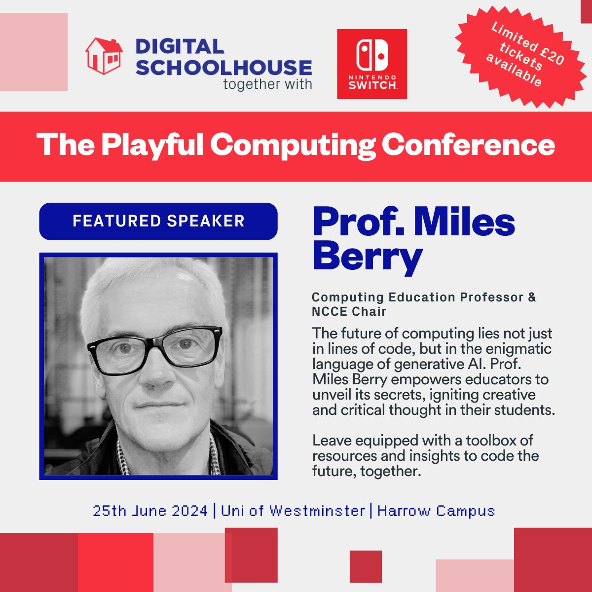 🎉 We are extremely happy to announce the first of our inspiring array of guests to be speaking at this year's Playful Computing Conference: @mberry 💡 Prof. Miles Berry will be guiding you through the world of AI in Education in this unmissable talk! 🎫 eventbrite.co.uk/e/866394738987…