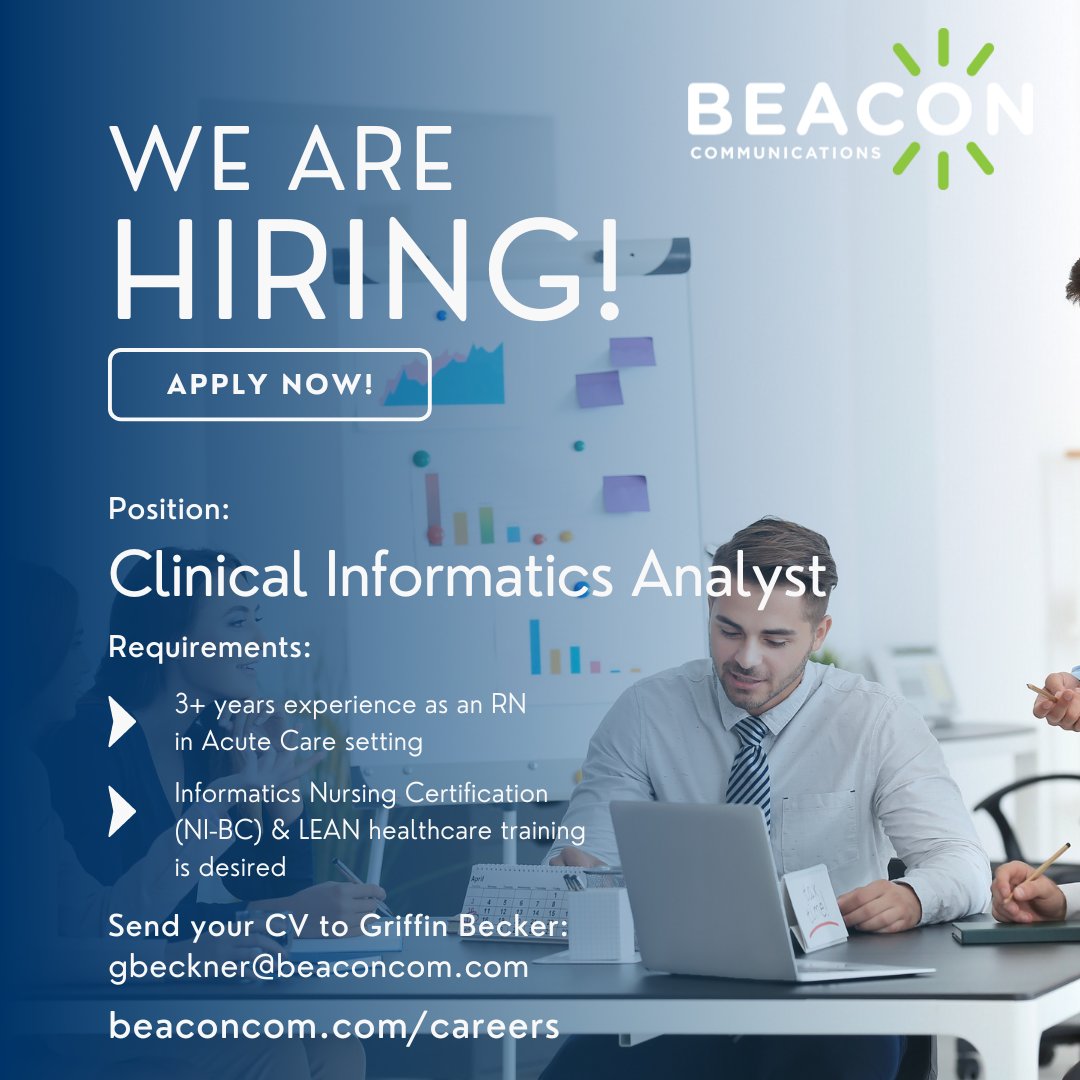We're hiring! Learn more and apply today at lnkd.in/g5VRuARc

See all career opportunities at beaconcom.com/careers

#jobs #careers #jobsearch #clinical #informatics #analyst #healthcare #tech #technology #job #virtualcare #security #communications #nurse #nursecall