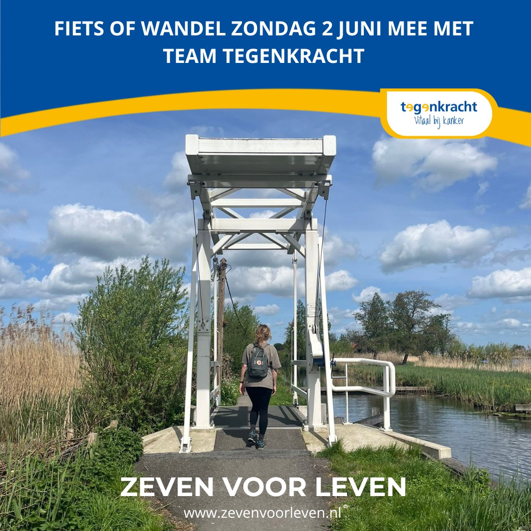 Marjolein is druk aan het trainen voor de Zeven voor Leven wandeltocht. Sluit je aan bij Team Tegenkracht en doe ook mee! Dat kan zowel wandelend als fietsend.

Meer informatie en aanmelden: zevenvoorleven.nl

Psssst: Zeven voor Leven zoekt ook nog helpende handjes!