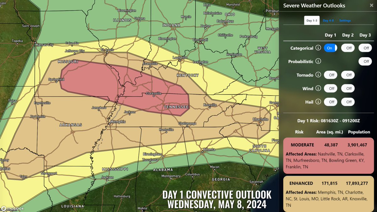 MODERATE RISK TODAY (5/8/24): Severe storms appear likely from parts of the mid-Mississippi, Ohio, and Tennessee Valleys into the southern Plains. All hazards, including tornadoes (some strong), large to giant hail, and damaging winds are possible. #MOwx #ILwx #KYwx #TNwx