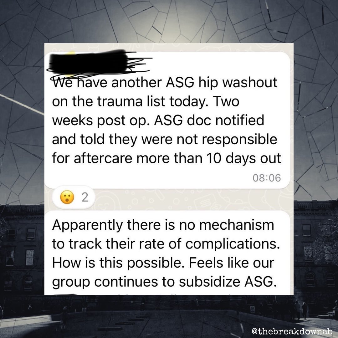 From the DM’s… It appears that the public health system is being left to clear up the mess from charter surgical facilities and complications, which in turn causes multiple backlogs in the public system. “ASG” is allegedly “Alberta Surgical Group”. #abpoli #ableg #cdnpoli