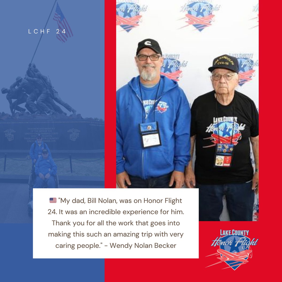 LCHF 24🇺🇸 'My dad, Bill Nolan, was on Honor Flight 24. It was an incredible experience for him. Thank you for all the work that goes into making this such an amazing trip with very caring people.' - Wendy Nolan Becker
#LakeCountyHonorFlight #lchf24 #honorflight