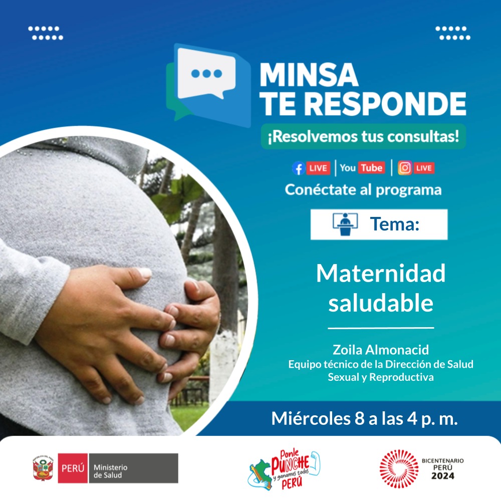 Hoy en #MinsaTeResponde conversaremos sobre maternidad saludable. Nuestra especialista resolverá todas tus consultas. 🔴 Conéctate al en vivo a través de nuestro Facebook, Instagram y YouTube, a las 4 p. m.