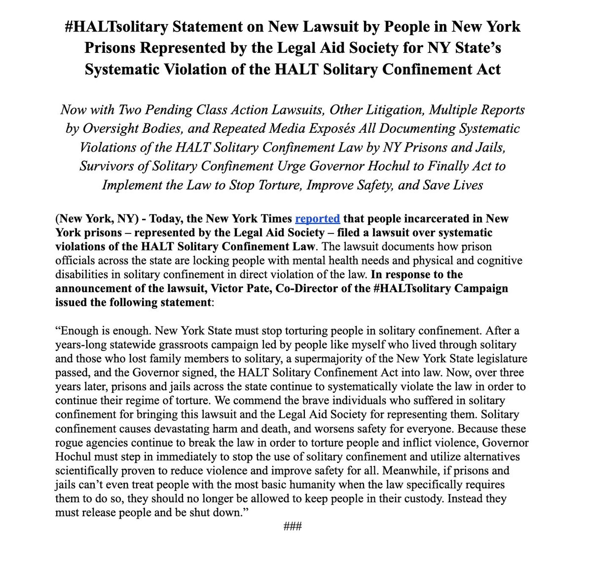 NEW: People in NY prisons & @LegalAidNYC are suing DOCCS for torturing people with mental health needs and disabilities in solitary confinement in violation of the HALT Solitary Law. See: nytimes.com/2024/05/08/nyr… @GovKathyHochul must end solitary now. Our statement: