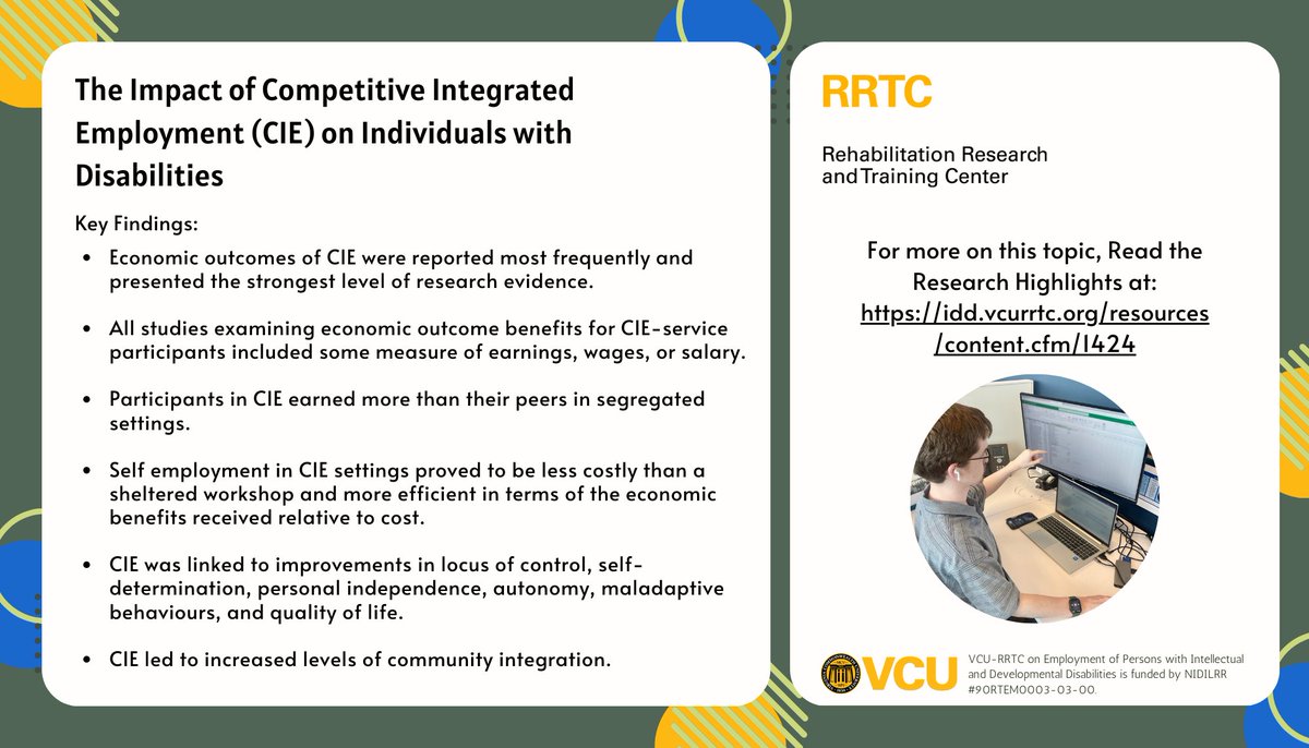 Competitive Integrated Employment can have a great impact on individuals with disabilities. For more on this topic, Read the Research Highlights at: idd.vcurrtc.org/resources/cont…

The VCU Rehabilitation Research and Training Center (VCU RRTC) is part of the VCU School of Education