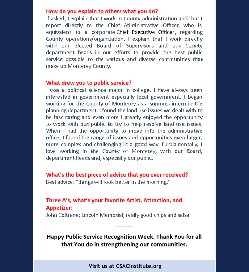 Day 3 of #PublicServiceRecognitionWeek, today we celebrate an outstanding leader who continues to provide the best public service possible to diverse communities at County of Monterey. Here's a short interview with Nick Chiulos, Chief Assistant CAO <a href="/MontereyCoInfo/">MontereyCoInfo</a> <a href="/CSAC_Counties/">California State Association of Counties®</a>