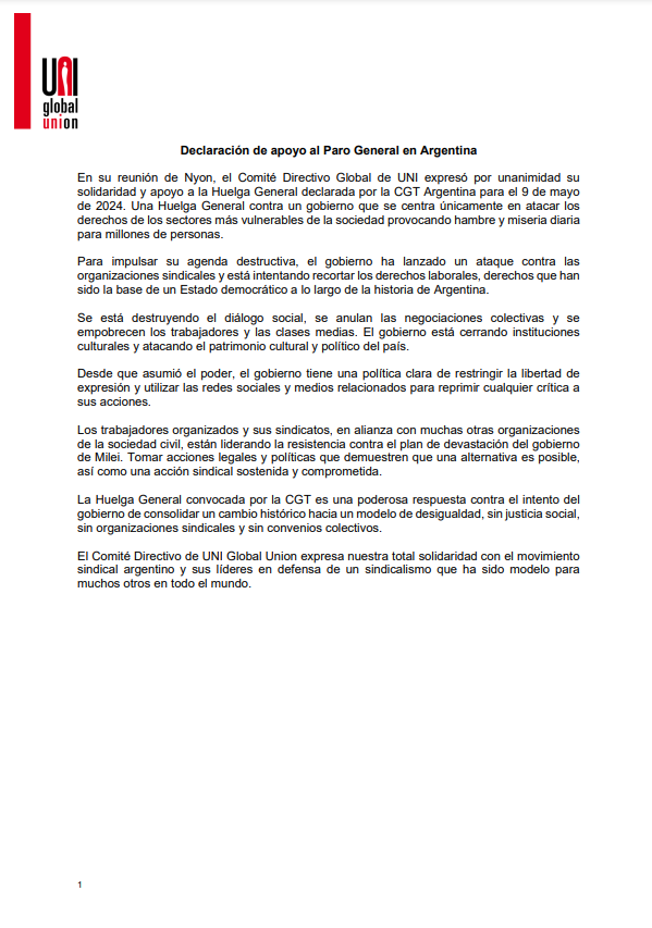 🇦🇷Declaración de apoyo del Comité Directivo Mundial de @uniglobalunion al #ParoGeneral convocado por la @cgtoficialok, la CTA Autónoma y la CTA de los trabajadores, mañana en Argentina. ¡Total solidaridad con el movimiento sindical argentino y con nuestrxs compañerxs en lucha!