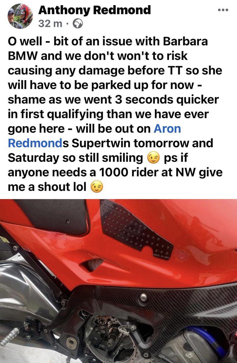 #NW200 Help needed! Tony’s 1000cc BMW has an issue, anyone got a 1000cc at the .@northwest200 that needs a rider please get in touch Please share, thanks everyone 👍 @AntRed46 #NorthWest200 #NW200