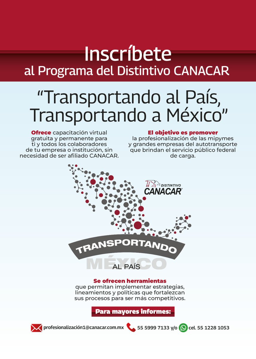 🌟 ¡Lleva tu empresa de autotransporte al siguiente nivel con el Programa del @DCanacar 'Transportando al País, Transportando a México'! 🚚💼 📚 Capacitación Virtual Gratuita: Aprovecha nuestra oferta de formación continua y completamente gratuita para ti y todos los