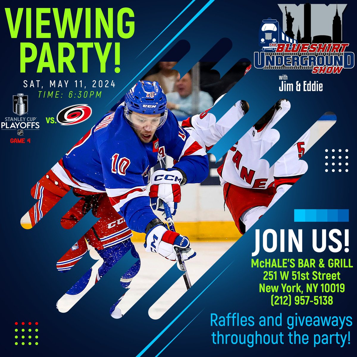 Saturday 5/11, join us for the Game Four viewing party <a href="/McHalesPub51/">McHale's Bar & Grill</a> to watch the #nyr take on the Canes. 

Raffles and giveaways, cash prizes too!