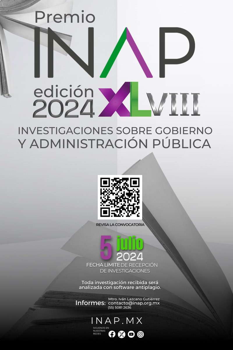 🤳Si te interesa realizar investigaciones sobre el funcionamiento del gobierno y de la administración pública, te invitamos a participar en el #PremioINAP XLVIII (2024). 🔗inap.mx/premio-inap/