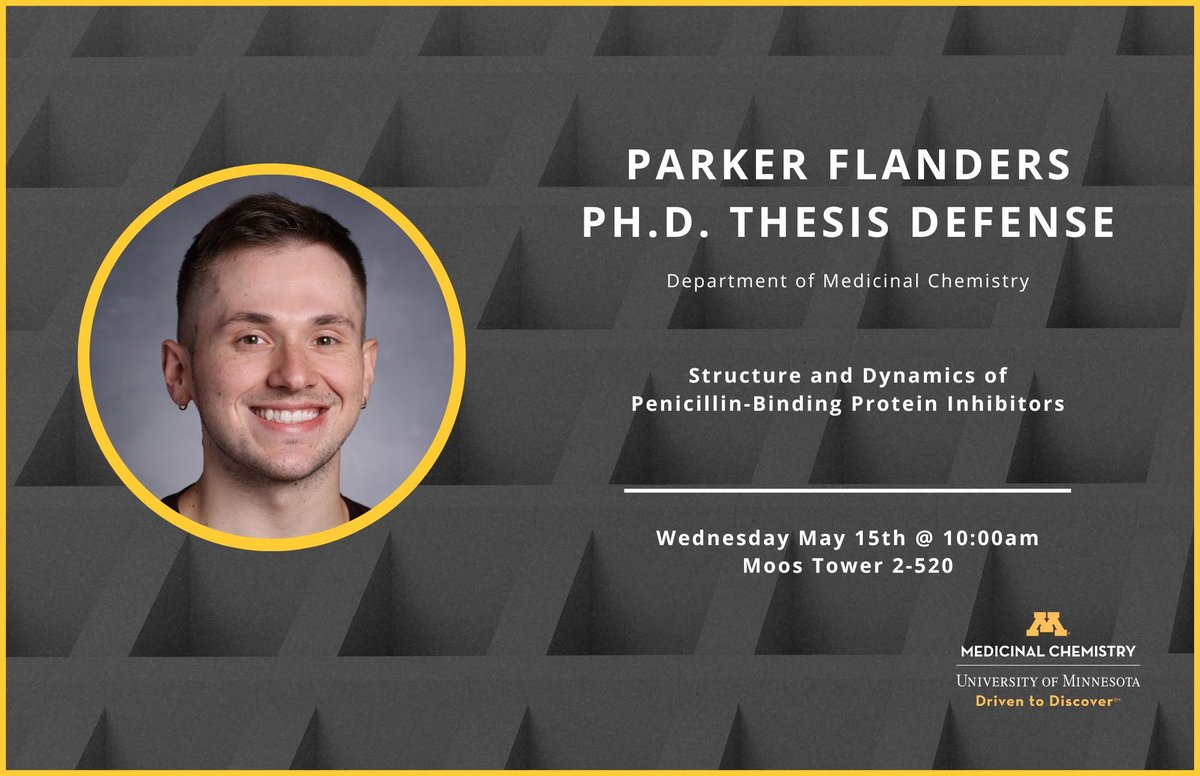 Parker Flanders will be defending his PhD thesis on Wednesday: 'Structure and Dynamics of Penicillin-Binding Protein Inhibitors' All of the details are below 👇 We hope to see you there!