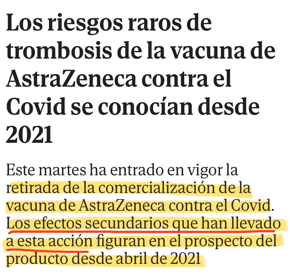 Lo que afirma @elmundoes en esta entradilla no es cierto: la autorización de comercialización de la vacuna de AstraZeneca NO ha sido retirada por los riesgos raros de trombosis. Se debe a una petición del fabricante porque está desactualizada, hay un excedente y no hay demanda.