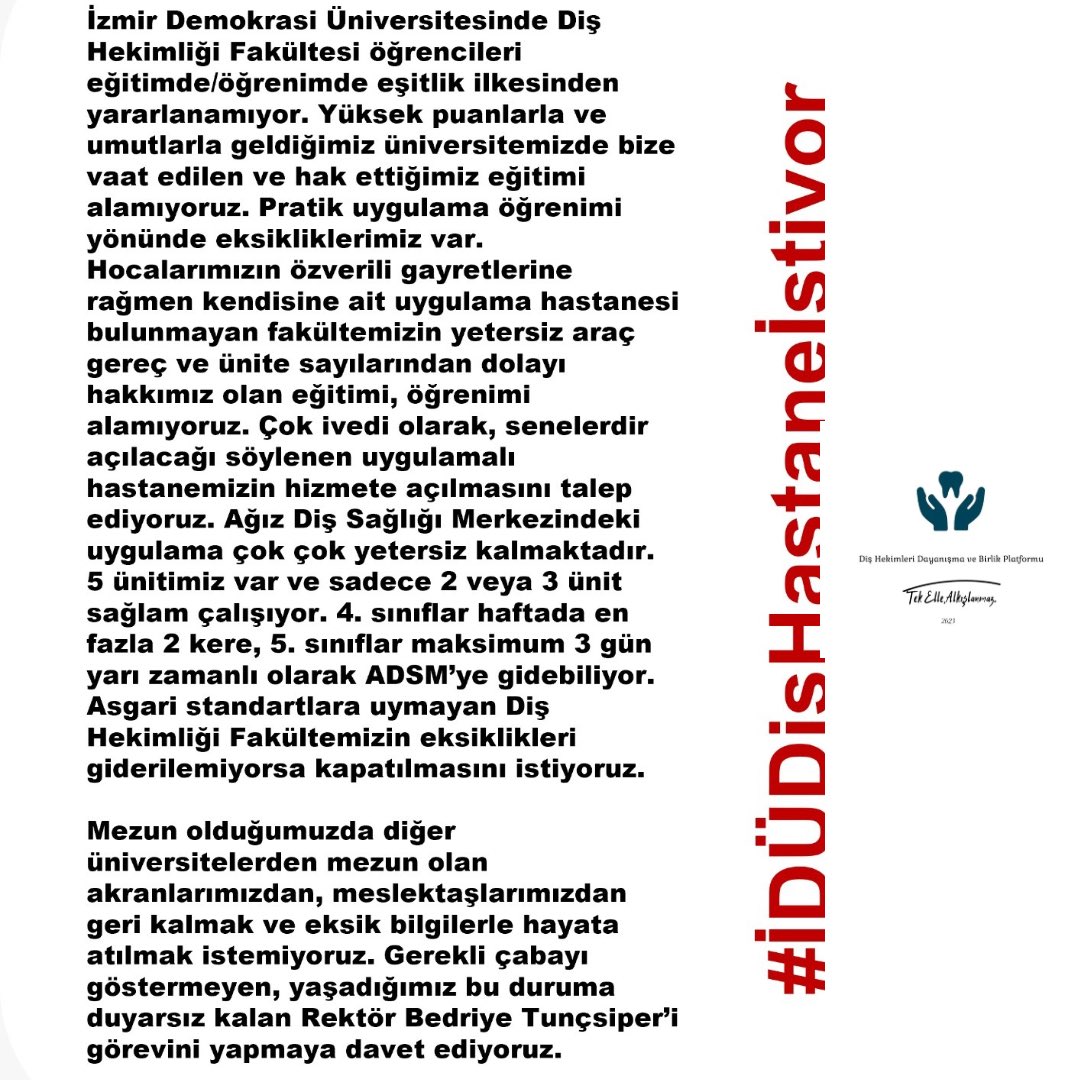Her Diş Hekimliği Fakültesi öğrencisi pratik ve teorik eğitimini iyi şekilde almalıdır.İzmir Demokrasi Üniversitesi’ndeki meslektaşlarımızın haklı isteklerinde yanındayız.İzmir Demokrasi Üniversitesi Rektörünün konuyla ilgilenmesi ve konunun çözüme kavuşması esastır. <a href="/tbedriye1/">Bedriye Tunçsiper</a>