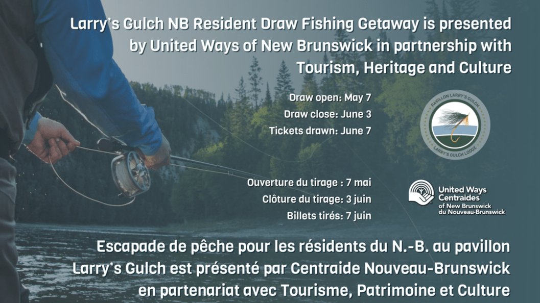 Chance to win a fishing getaway at Larry's Gulch Lodge! W/ proceeds to support all 3 United Ways in New Brunswick! 8 grand prizes and 2 runner up prizes! 🎣bit.ly/larrysgulchuw