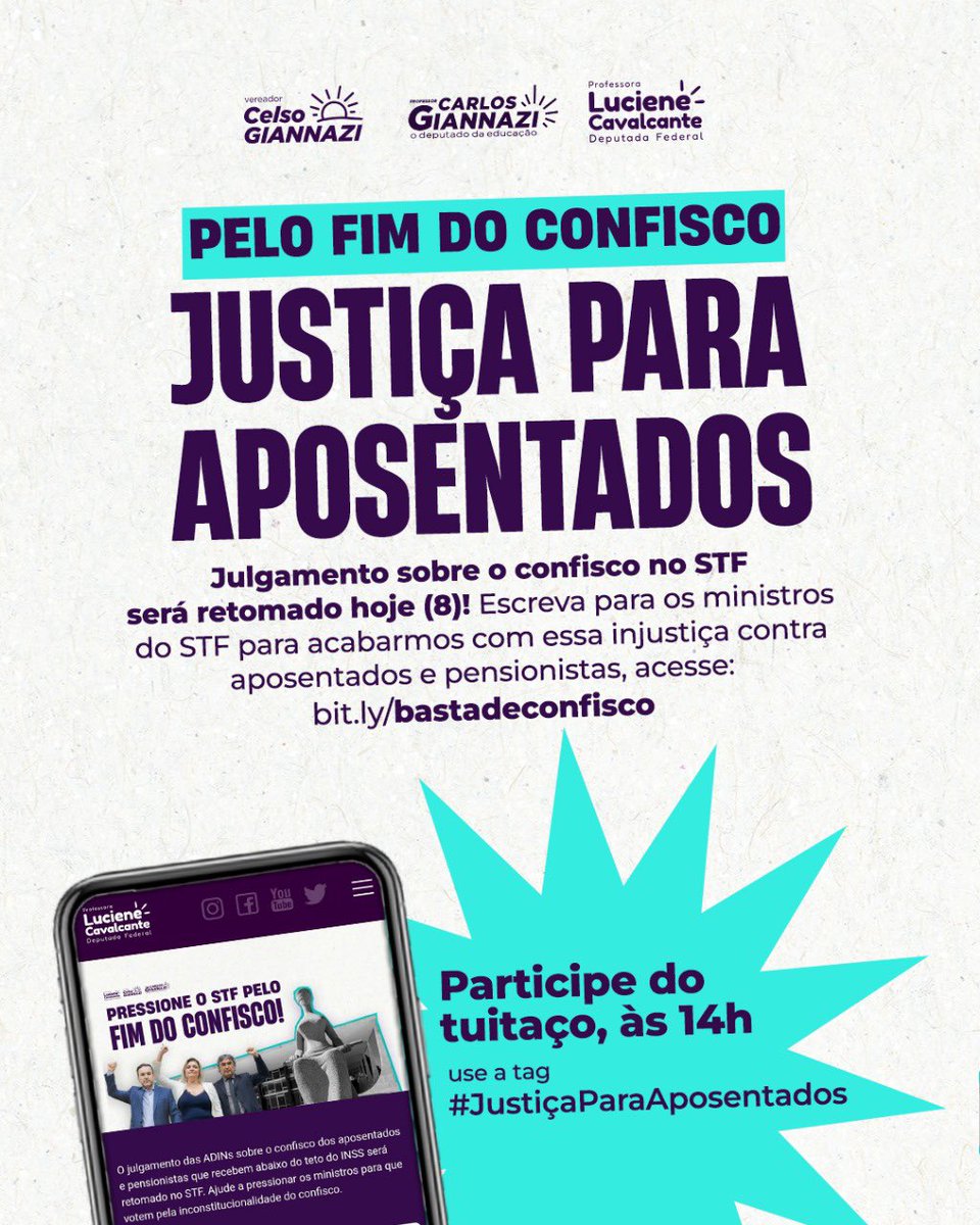 PELO FIM DO CONFISCO! Hoje o  julgamento sobre a constitucionalidade do confisco será retomado no STF.

Vamos juntos acabar com essa injustiça. Comente #JustiçaParaAposentados para ampliar a nossa luta e acesse o link para dialogar com os ministros: bit.ly/bastadeconfisco