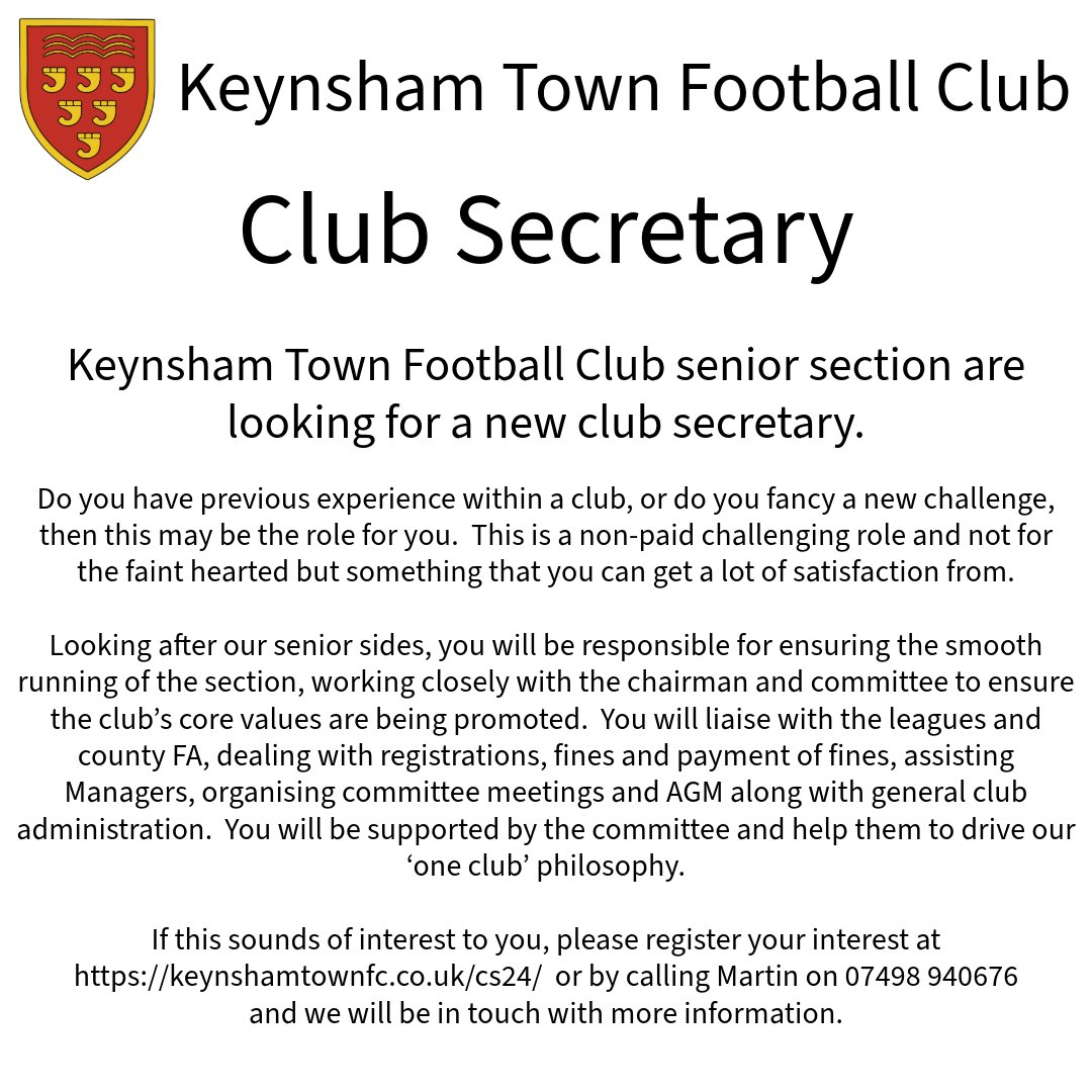 ‼ Club Secretary Vacancy ‼ For more information click here : keynshamtownfc.co.uk/cs24/