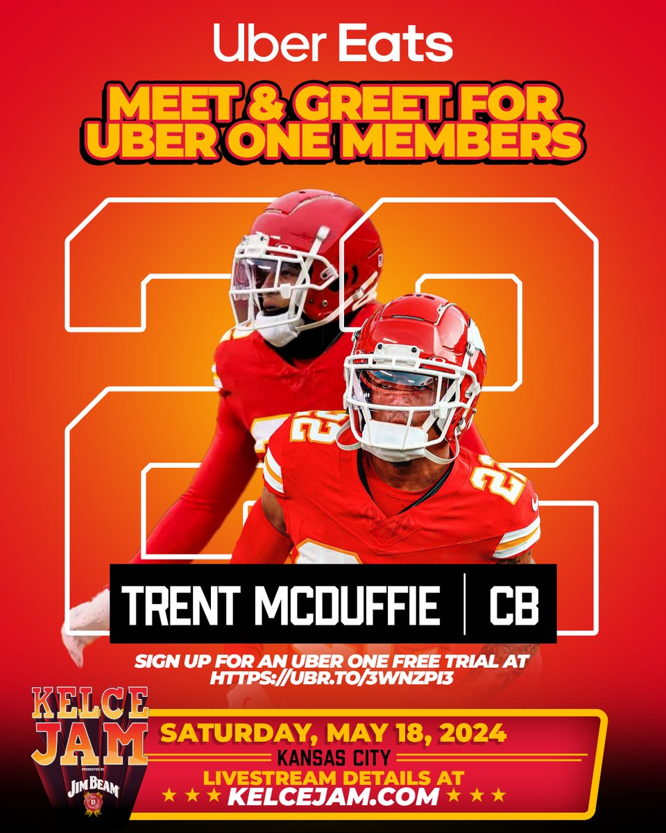 Attention #UberOne Members attending #KelceJam: Stop by the @UberEats Merchant Row for an exclusive Meet and Greet with Kansas City Chiefs Cornerback, @trent_mcduffie! 🏆🏈 Not an Uber One Member yet? New members can sign up today for a free trial at ubr.to/3wnZPI3