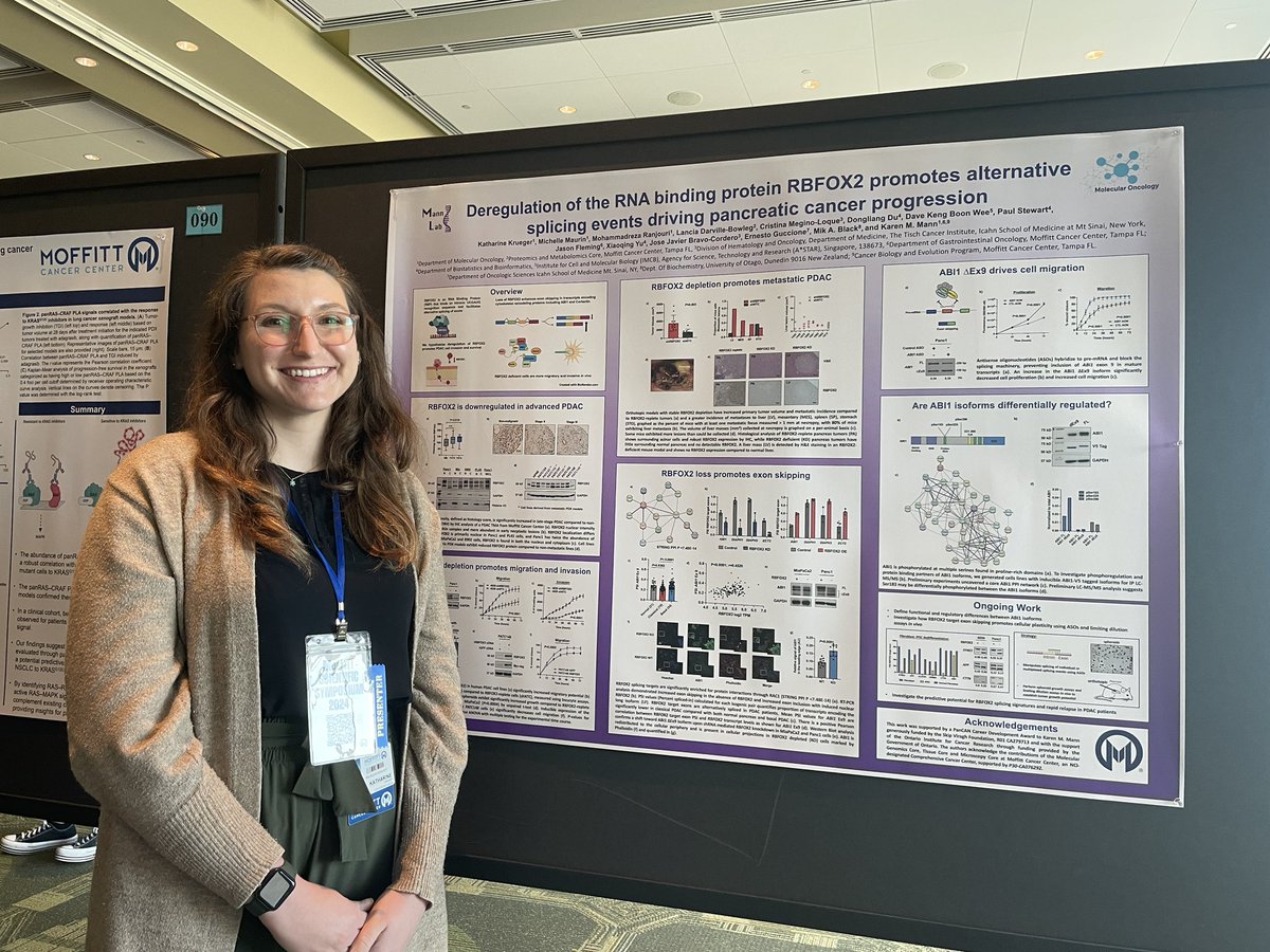 KarenMannLab's tweet image. Excellent poster presentations by Katharine @katLeighKrueger and Morez @MrRanjouri at the Moffitt Scientific Symposium @MoffittNews exploring #RNAsplicing and #transcription during #PDAC progression and #metastasis