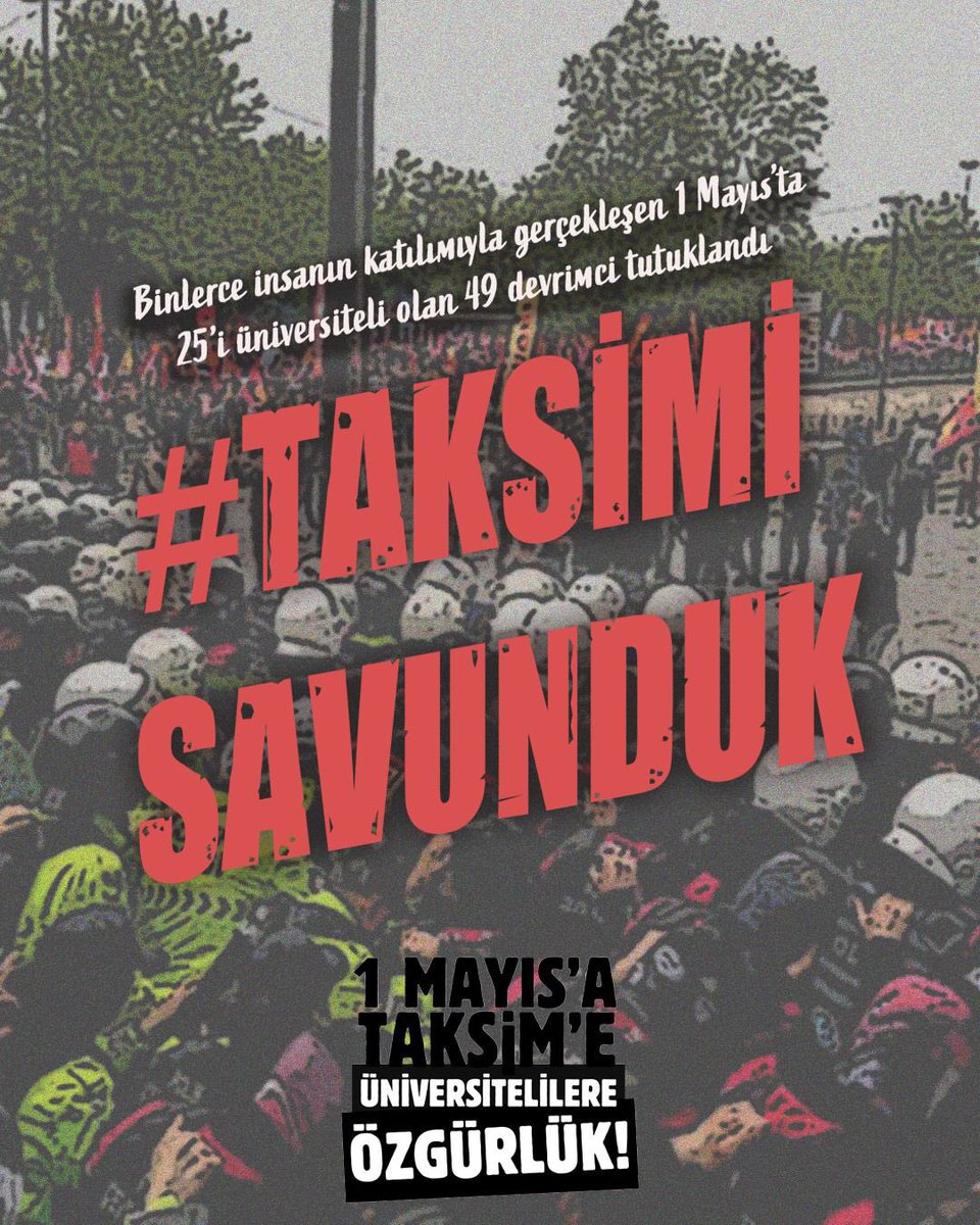 1 Mayıs’ta emek sömürüsüne, işgale, erkek egemenliğine karşı binlerce kişi #TaksimiSavunduk, tutuklanan 49 arkadaşımızı da savunacağız. Baskılarınız devrimci gençliği yıldıramaz. Direnişimiz tüm meydanlar halkların, bütün arkadaşlarımız özgür olana dek sürecek.
