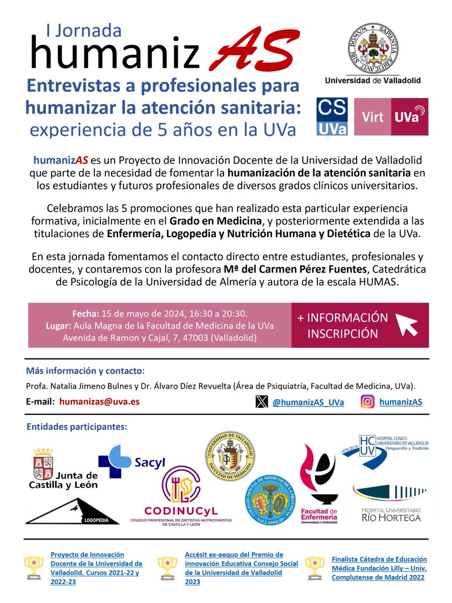 humanizAS_UVa's tweet photo. Ya queda poco para nuestra I Jornada humanizAS. Inscríbete cuanto antes. También puedes enviar un póster como estudiante o profesional participante. Infórmate en la web del evento: https://t.co/EM1yMV1pV1
#humanizAS #UVa https://t.co/y49Fq6oIsO