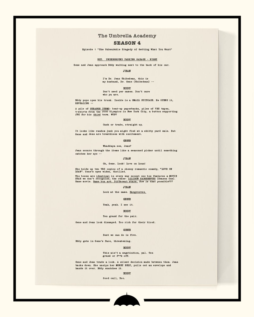 With three months away until the Fourth and Final Season of @UmbrellaAcad, here is a little tease from the episode one script to hold us all over!  👀☂️