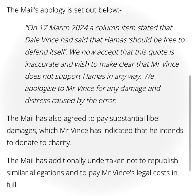 The Daily Mail got sued for calling Dale Vince a Hamas supporter and lost. They will try to hide the apology they were forced to give, so spread it all over Twitter, because they can't stop that.