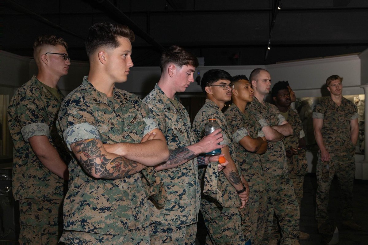 Marines with Golf Co., 2nd BN, 1st Marine Regiment receive a museum tour during a visit at MCRD SD, April 29, 2024. The company was briefed on Special Duty Assignment opportunities as they weigh reenlistment options and career progression. (USMC photo by LCpl. Janell B. Alvarez)