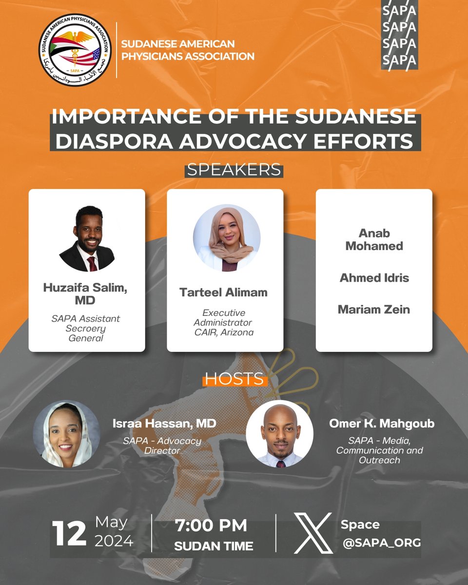 Join us on X Space on Sunday, May 12, at 7:00 pm Sudan time (1:00 pm EST).  

We will share the lessons learned from the Sudanese American Diaspora Advocacy Workshop, highlight the importance of the Sudanese diaspora's advocacy efforts, and provide a platform for the community to