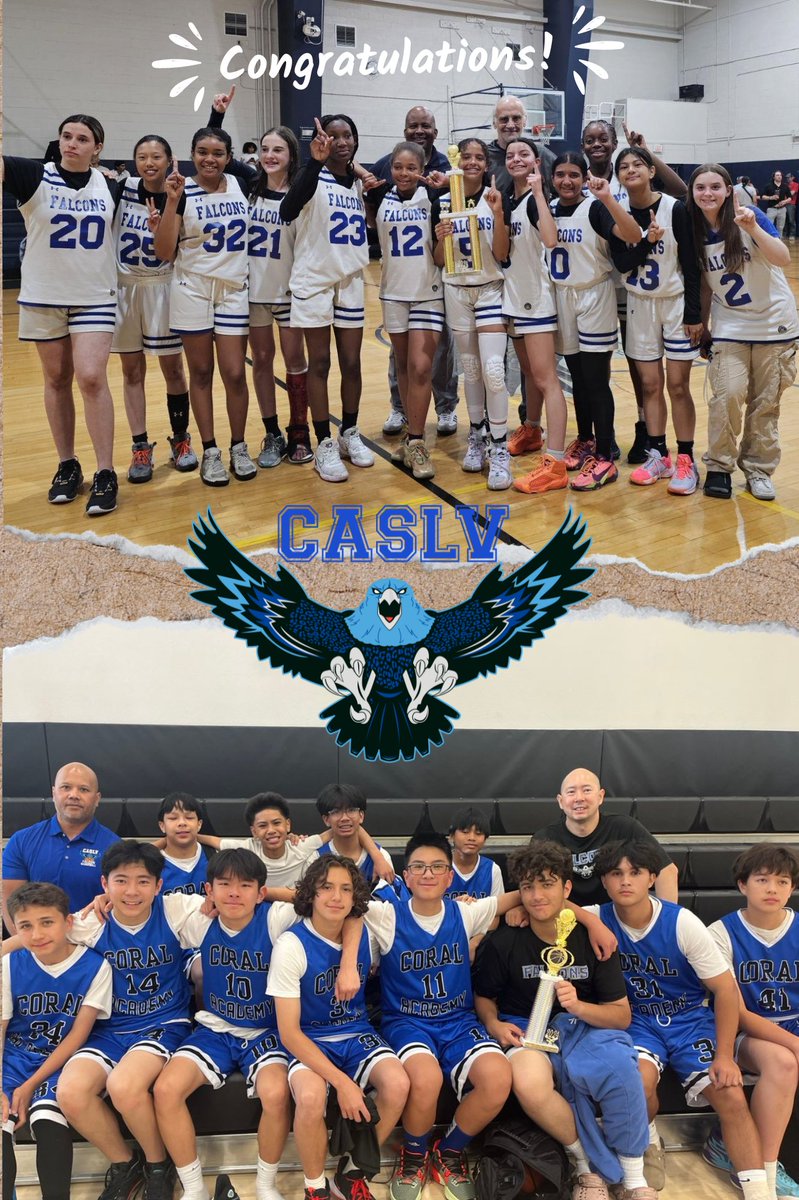 CoralAcademyLV's tweet photo. Big shoutout to the incredible #SandyRidge #MSBasketball Teams and their dedicated coaches Todd Robinson and Vince Aranas! 🏀👏
The Middle School Girls Team clinched their 3rd consecutive VAC League Championship title, while the Boys Team secured an impressive 2nd place.
Way to go, team! 🏆💪
Go #Falcons!
#Basketball
#Champions
#BestofLasVegas
#HardWorkPaysOff"
#CoralAcademySandyRidge
#CoralAcademyofScienceLasVegas