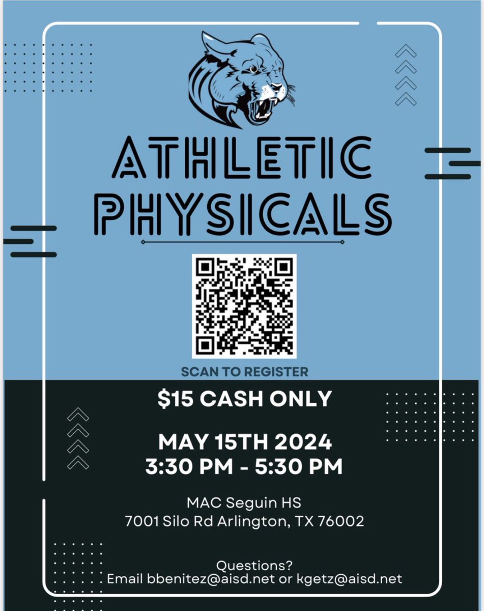 Coug 🏀 Nation!!! Let’s get our physicals for the 2024-2025 season taken care of!!!! Save the date Cougs! 🗓️🩺 ‘24-‘25 Sports Physicals @JuanSeguinHS on 5/15 Scan the QR code to register! Link: form.jotform.com/240847140633150