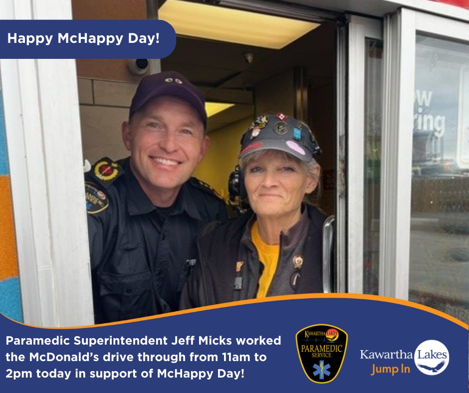 Happy McHappy Day from the Kawartha Lakes Paramedic Service! Today, Paramedic Superintendent Jeff Micks worked the Mcdonald's drive through window from 11am to 2pm in support of McHappy Day. Learn more about McHappy Day here: rmhc-swo.ca/events/mchappy…
