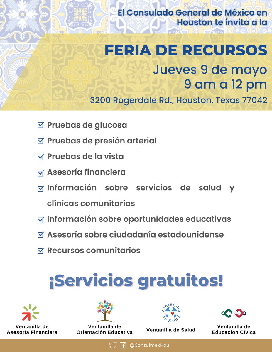 En el marco del Aniversario de la Batalla de Puebla, te invitamos a nuestra feria de recursos que se realizará este 9 de mayo de 9 a 12 hrs. donde podrás obtener servicios de salud, educación, asesoría financiera y educación cívica. 😷📚💼🇺🇸 ¡No faltes!