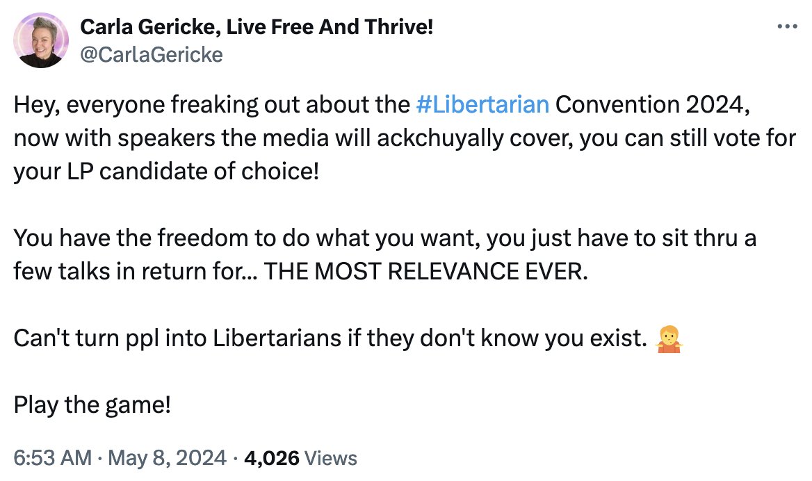 If the Libertarian Party takes political advice from a perennial Republican candidate who has never won an election, they deserve what they get.

She was also excited about RFK Jr. speaking at PorcFest, including the gun-free zones specially set up for him.

#NHPolitics