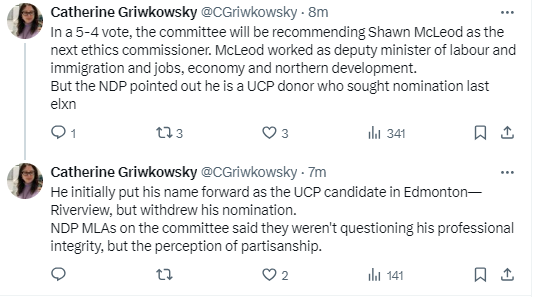 UCP's new partisan pick as Alberta's non-partisan ethics commissioner: Labour lawyer who briefly sought the party's nomination as candidate in 2019, and Kenney gov't then hired as Deputy Minister Labour and Immigration.