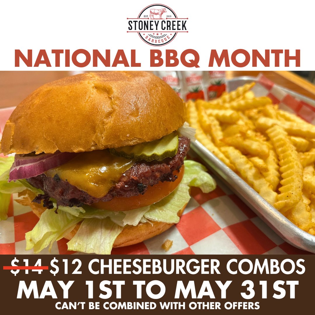 It's National BBQ Month! To celebrate, we're taking $2 OFF ALL of our Burger Combos! Get a delicious Cheeseburger with a side and a drink for only $12!!!

#StoneyCreekBBQ
#Porterville
#BBQ
#NationalBBQMonth
#Cheeseburger
#Burger
#LowAndSlow
#WorthTheDrive