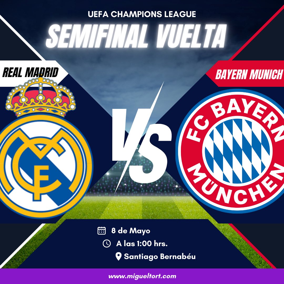 Miguel_Tort7's tweet photo. ¡Hoy se enfrentan el Real Madrid y el Bayern Múnich por el último boleto a la final de Wembley! Llegan con un empate a dos después del primer partido.
¿Quién pasará a la final y se enfrentará al Dortmund? ¡La emoción está en su punto máximo!⚽🔥 #championsleague #RealMadridBayern https://t.co/SfJv3T6xcf