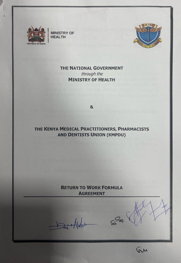 Return to Work Formula Agreement between the Ministry of Health and the Kenya Medical Practitioners, Pharmacists and Dentists Union (KMPDU)

FULL 9 PAGE DOCUMENT: t.me/Nyakundi/53275