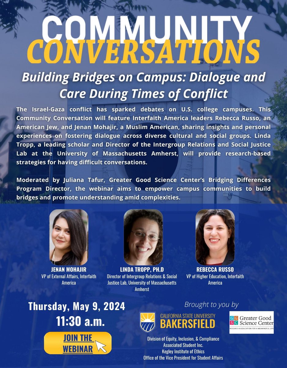 CSUB: You're invited to join a community conversation webinar tomorrow (May 9) at 11:30 on 'Building Bridges on Campus: Dialogue and Care During Times of Conflict' csub.zoom.us/s/82496122993?…. Passcode: 651176
