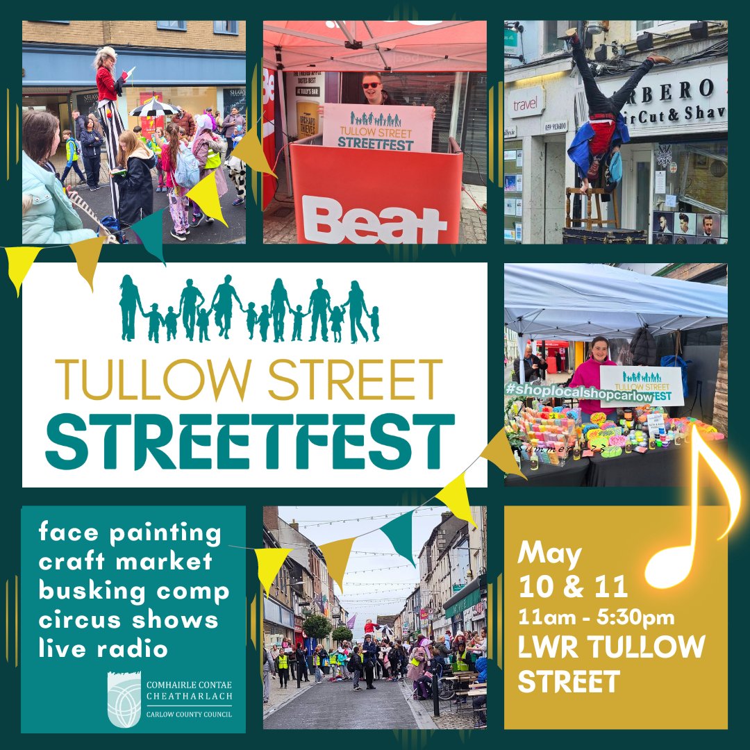 Looking forward to visiting Lower Tullow Street this Friday & Saturday for #StreetFestCarlow! 🎉 It's on each day from 11am - 5:30pm with Circus Shows, street performers, craft village, facepainting, busking comps & @beat102103 LIVE 🎶 See You There! 🎉