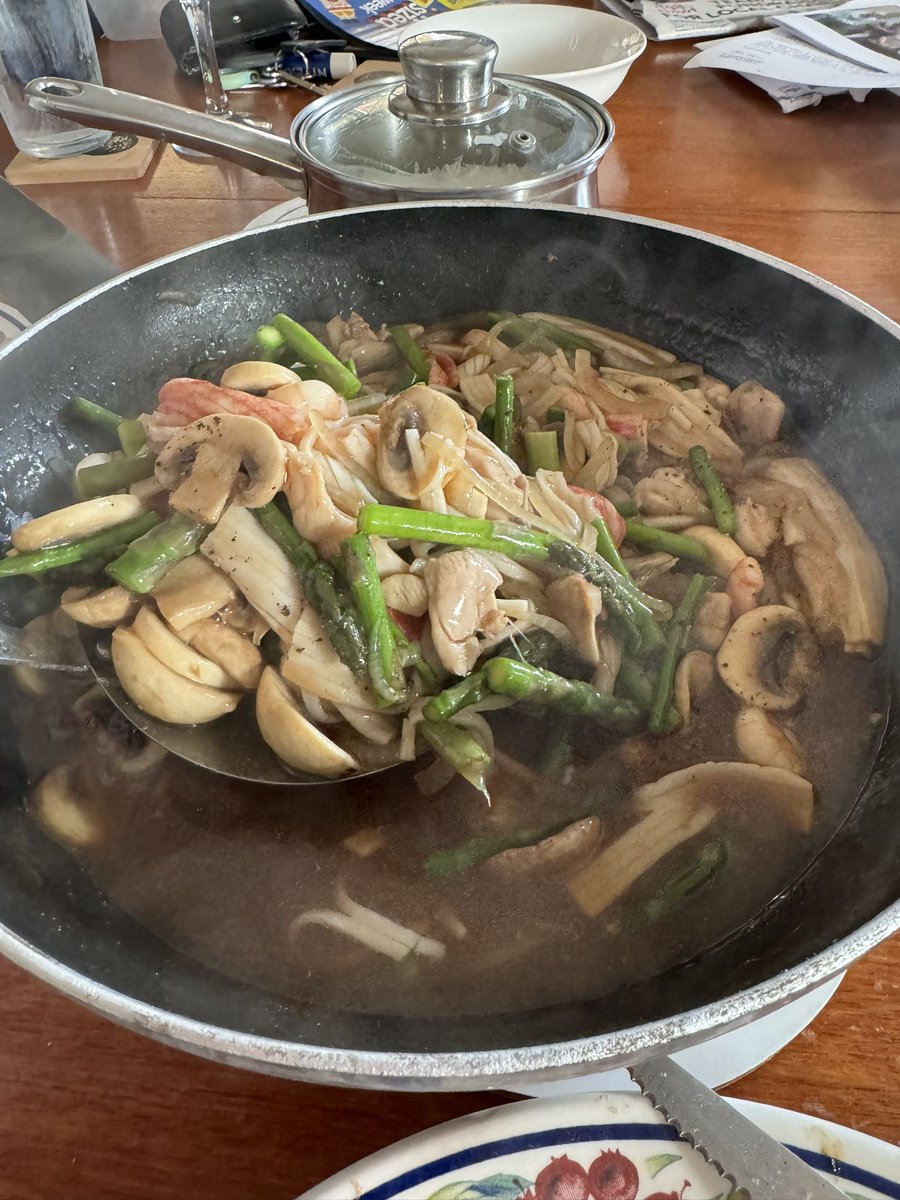 Prawns asparagus stir fry. Home grown asparagus of course.