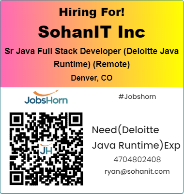 🌟JOB ALERT 🌟
Apply Here :jobshorn.com/jobs/sr-java-f…
🔥 Job Title : #Sr Java Full Stack Developer (Deloitte Java Runtime)
📍 Location : #Denver, Colorado (Remote- locals)
⏳ Duration : 2 Months
📝 Job type : C2C,W2,1099 
🎓 Experience : 10 years

#jobshorn #futureofwork #startup