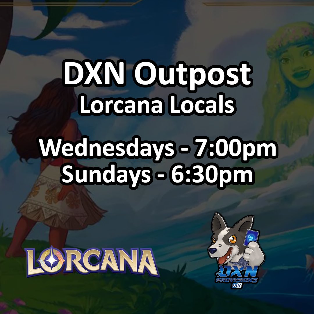 DXNOutpost's tweet photo. Come on out for some Lorcana fun tonight and Sunday! We’re eagerly awaiting Set 4’s release and we cannot wait to host more and more events! https://t.co/34BKt9Z40J