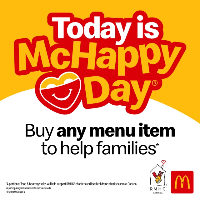 boom 97.3 (@boom973) on Twitter photo #McHappyDay is today! Stop by <a href="/McDonaldsCanada/">McDonald's 🇨🇦</a> where a portion of proceeds from all menu items go to Ronald McDonald House Charities and other local children’s charities. So treat yourself to something tasty today in support of RMHC! #McHappyDay is today! Stop by <a href="/McDonaldsCanada/">McDonald's 🇨🇦</a> where a portion of proceeds from all menu items go to Ronald McDonald House Charities and other local children’s charities. So treat yourself to something tasty today in support of RMHC!