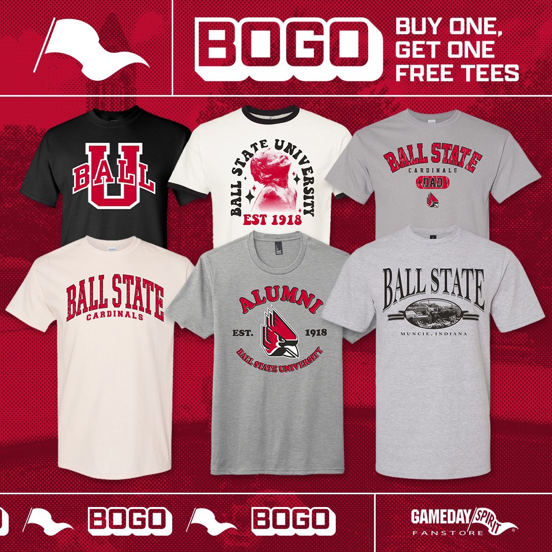 Summer is the perfect time for new Ball State t-shirts! 🔴⚪️ You can buy one & get one FREE right now at @Gameday_BSU‼️ 👉 rb.gy/o50drq #ChirpChirp x #WeFly x #GamedaySpirit