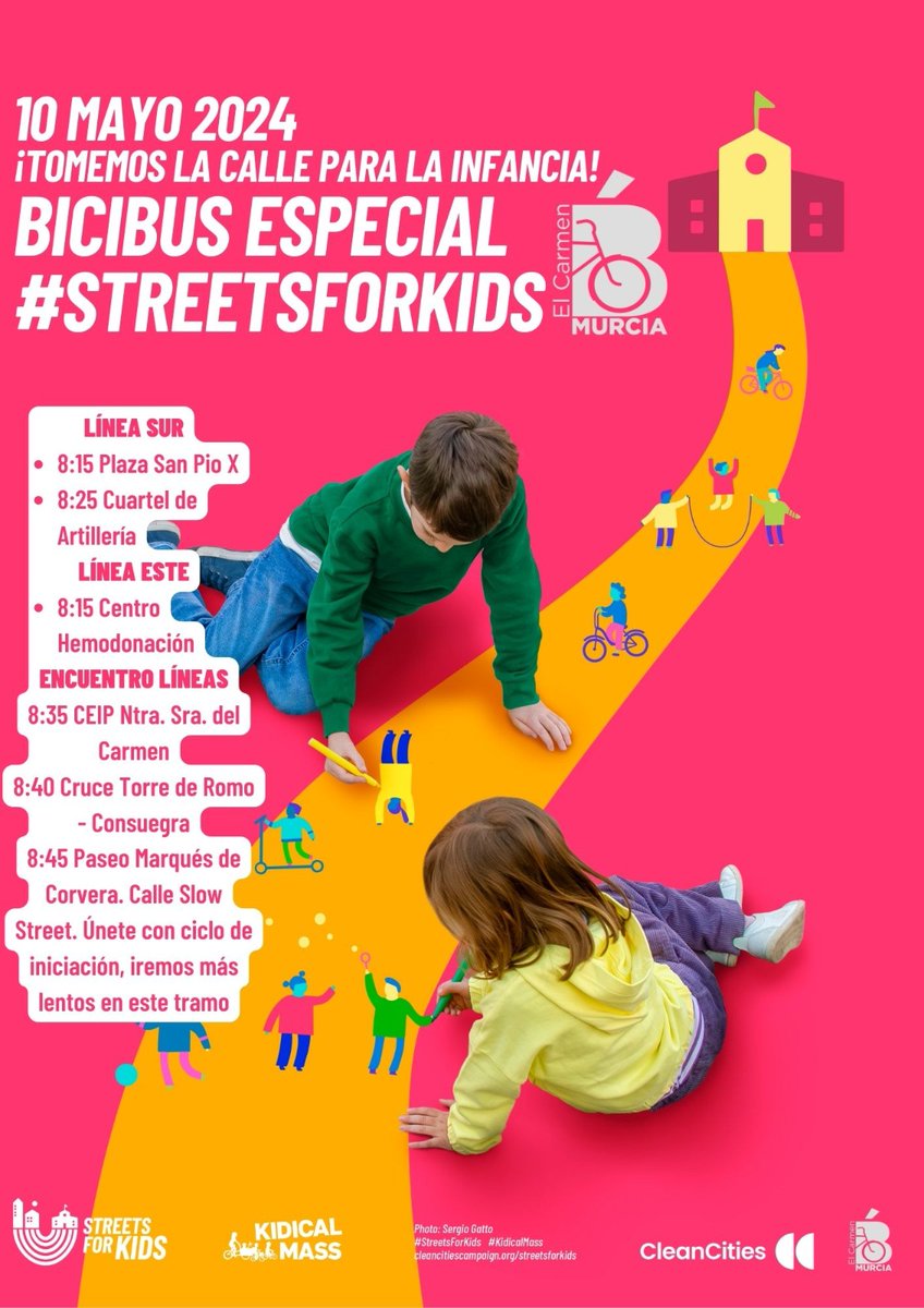 Murcia se mueve en bici. 
2️⃣Iniciativas que promueven salud y  una mejor calidad de vida en los desplazamiento escolares.
#StreetsForKids #10mayo